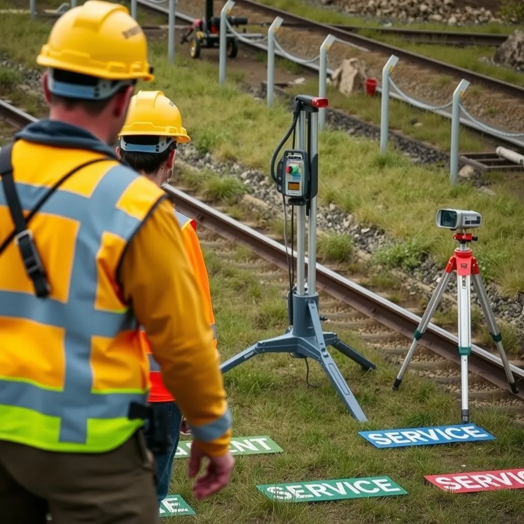 Workers operating a geotechnical drill rig and survey tripod on a grassed rail reserve