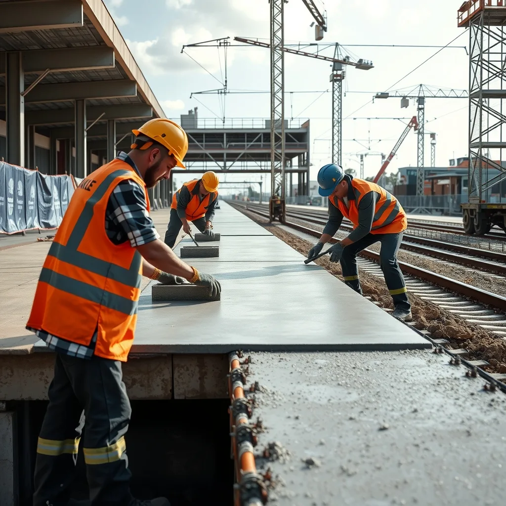 Concreters finishing a freshly poured platform slab on a railway station construction site