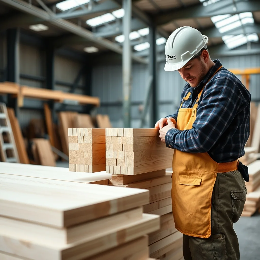 Prefabricated timber wall panels stacked in a modern training workshop at Melbourne Polytechnic's Heidelberg West campus.