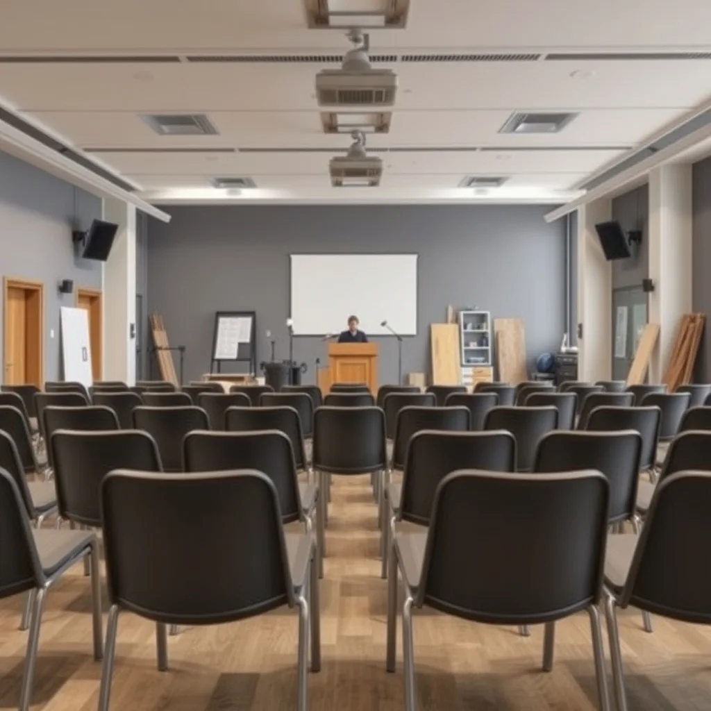 Interior of a modern union meeting hall with rows of empty chairs facing a podium.