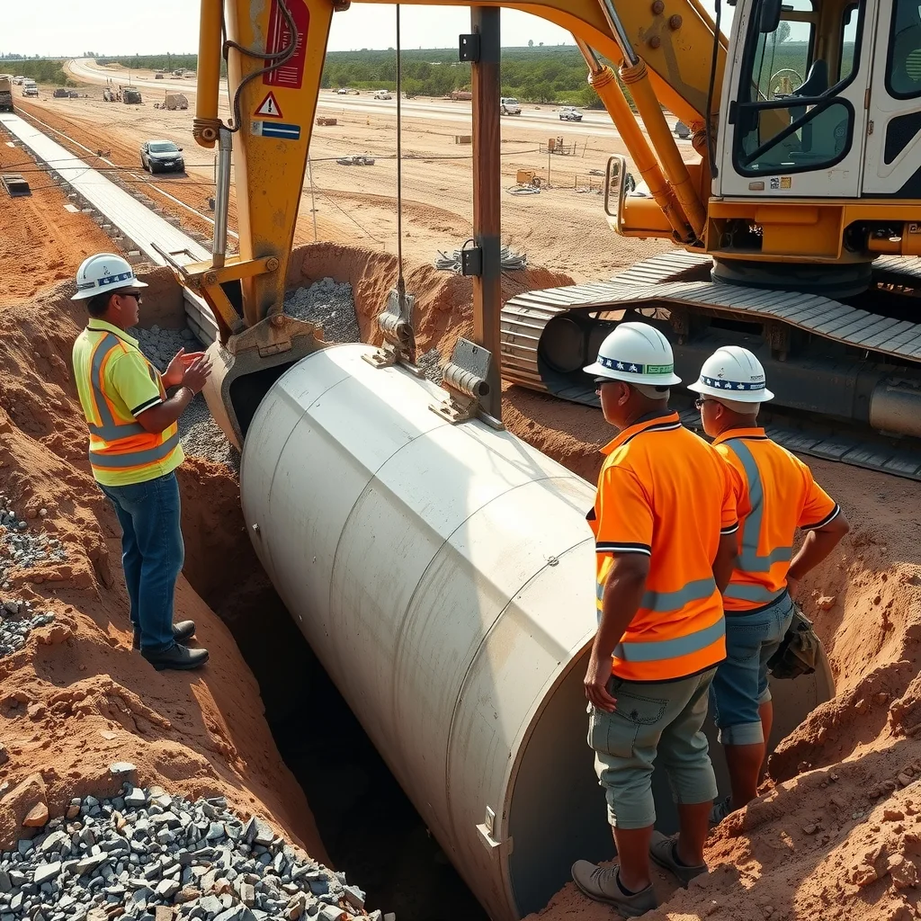 Workers guiding a concrete culvert into a trench beside a remote road.