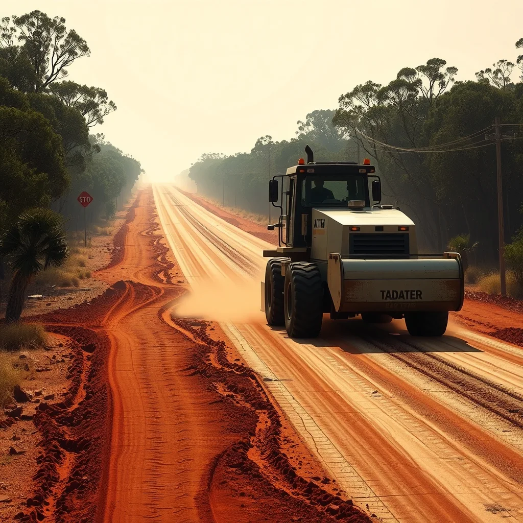 A grader and roller shaping a red dirt road formation in tropical northern Australia.