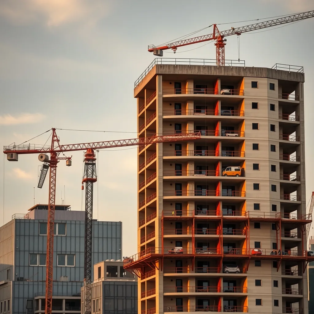 Tower crane over a partly built concrete apartment block on an Australian construction site