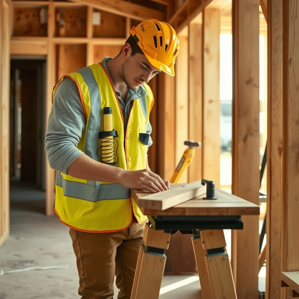 Apprentice carpenter marking timber inside an unfinished house frame