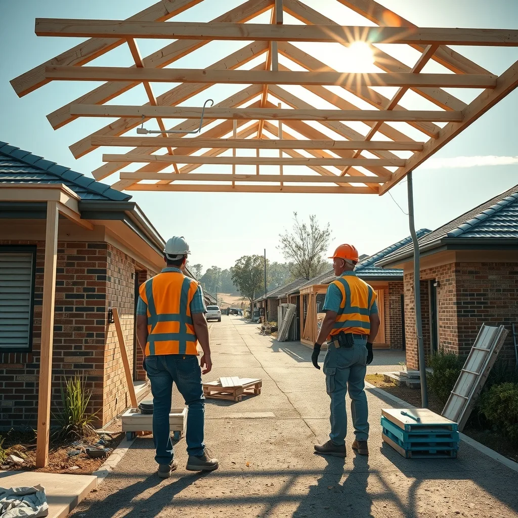 Carpenters working on a timber roof frame of a new house in an Australian suburban estate at sunrise
