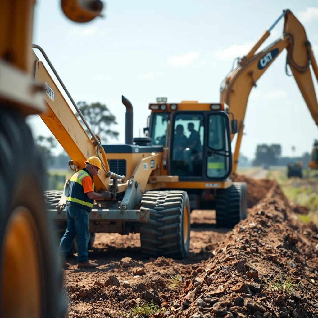 Heavy excavation and compaction equipment operating on a rural highway corridor in New South Wales.