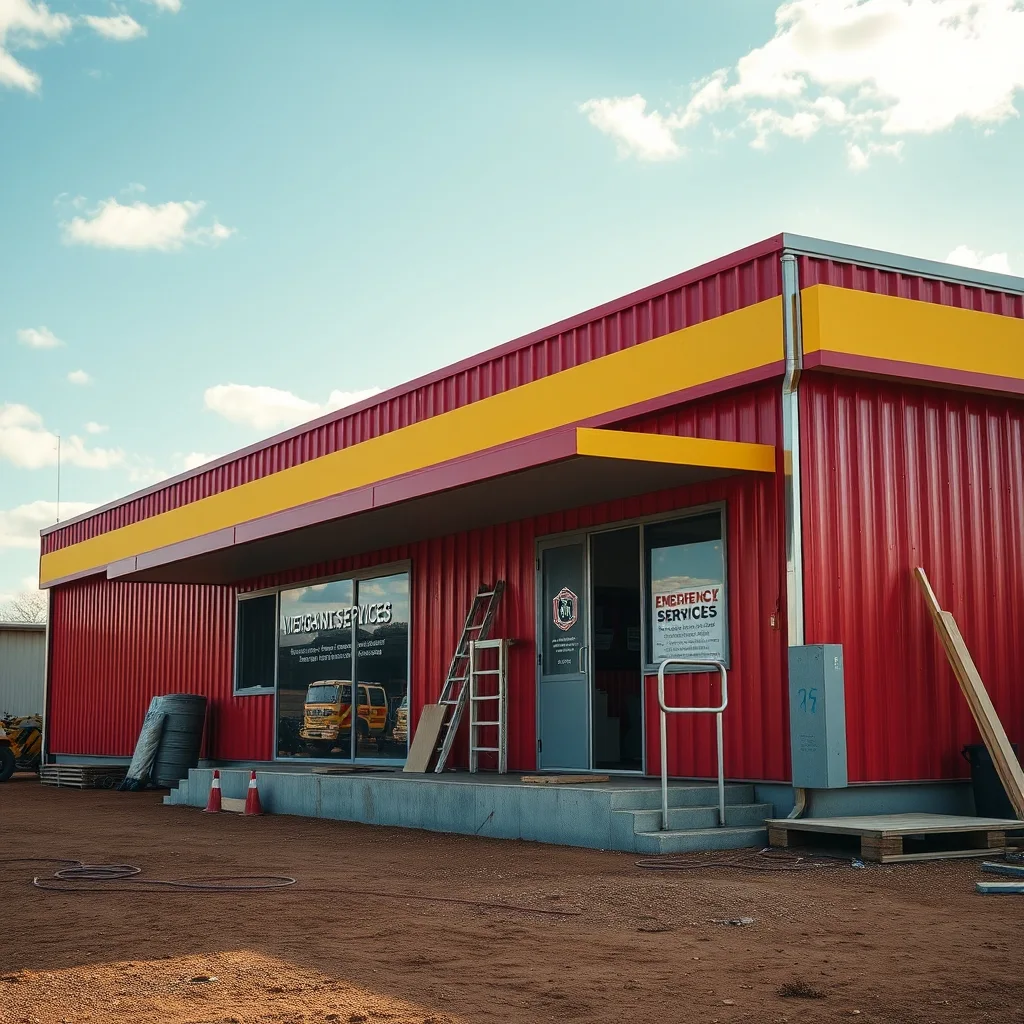 A modern single-storey emergency services building with red and yellow painted exterior panels under a Western Australian sky.