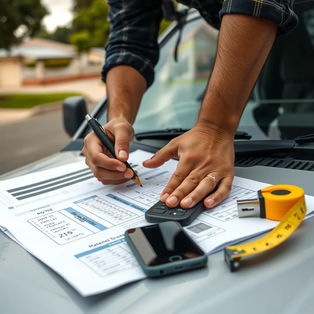 Builder marking up house plans and a materials quote on the bonnet of a ute