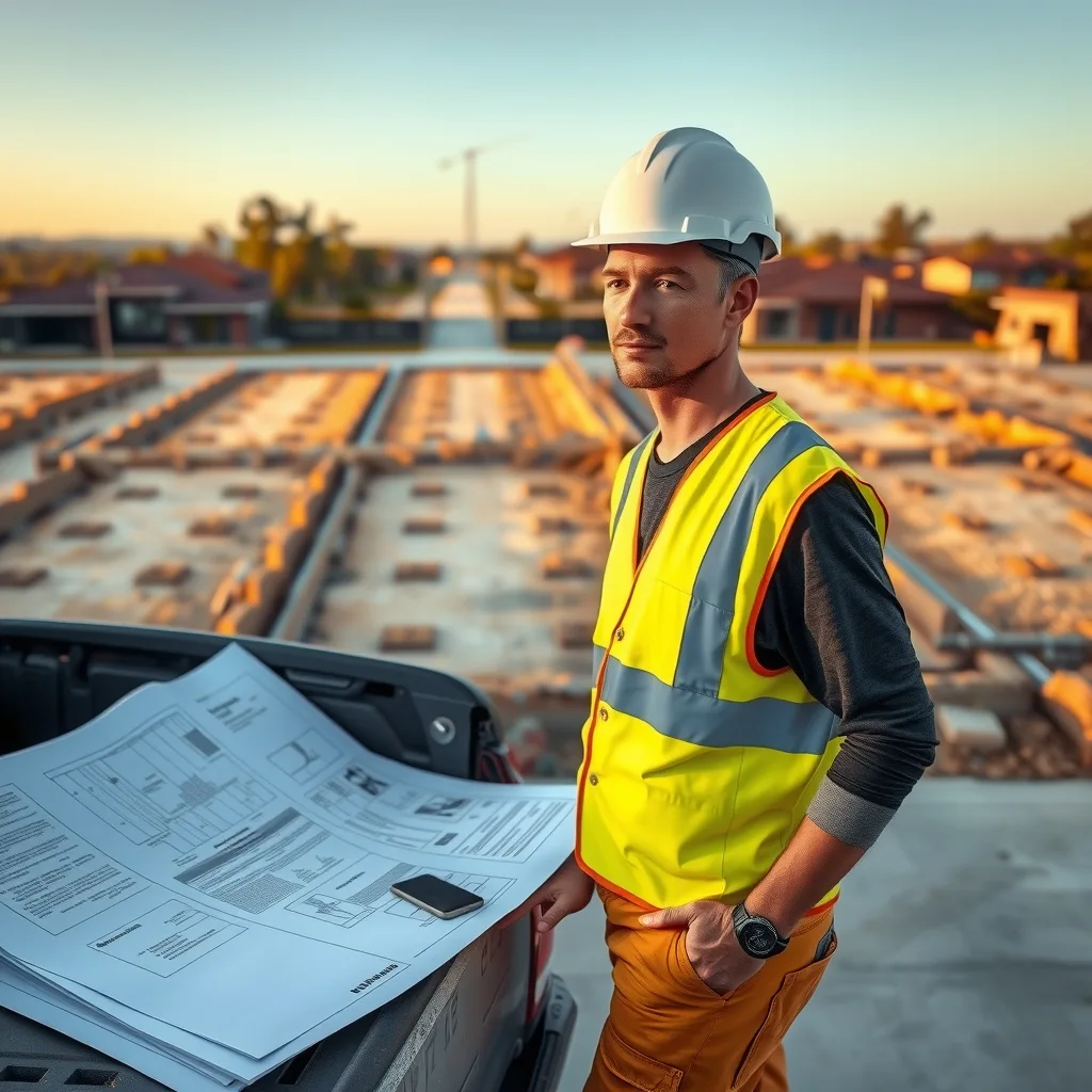 A carpenter checking plans on a ute tailgate beside a bare house slab