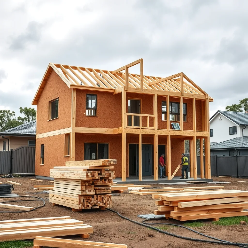 A timber-framed house under construction on a new Australian housing estate
