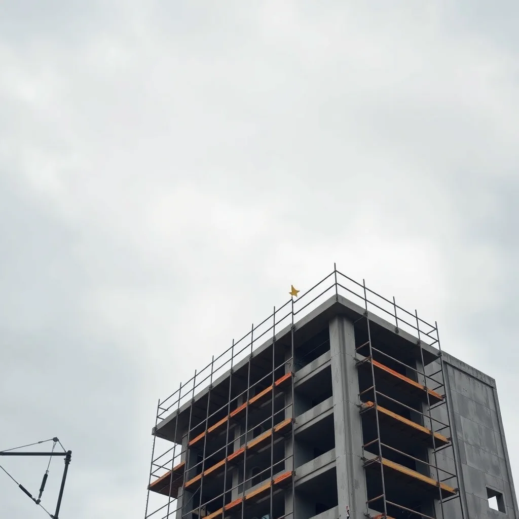 A construction site with steel scaffolding and a half-built concrete structure under a grey Melbourne sky.
