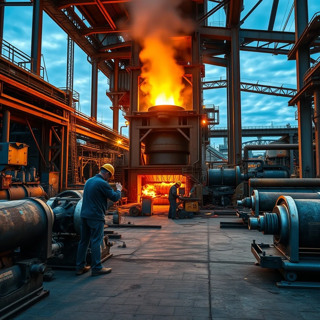 A modern electric steel mill facility with industrial structures and rolling machinery under an evening sky.