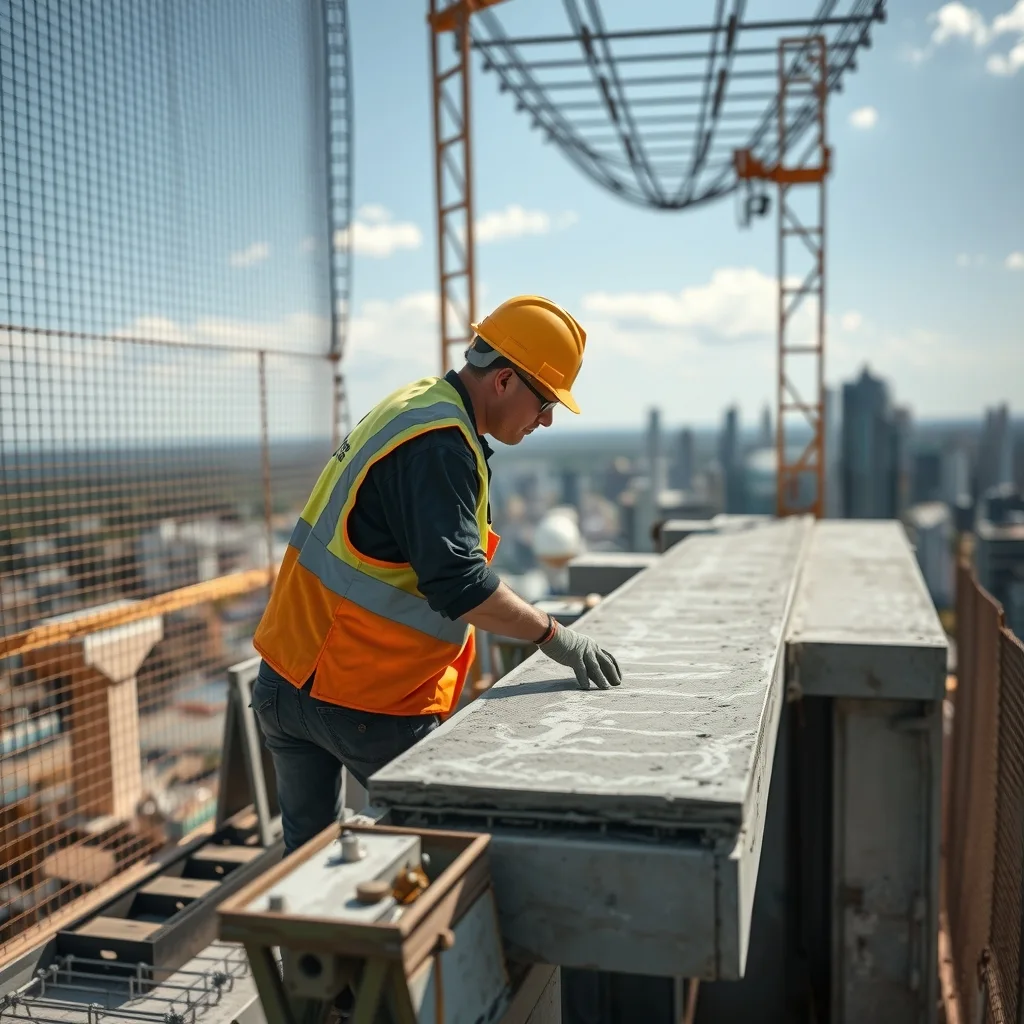 Concreter screeding a freshly poured slab on a high-rise construction floor