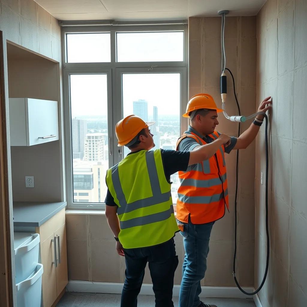 Tradespeople fitting out a new apartment interior in a high-rise building