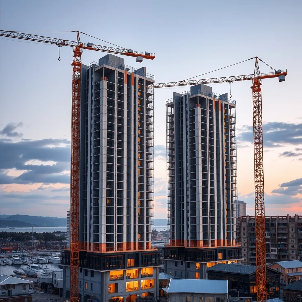Tower cranes above two unfinished high-rise residential towers at dusk in an Australian coastal city