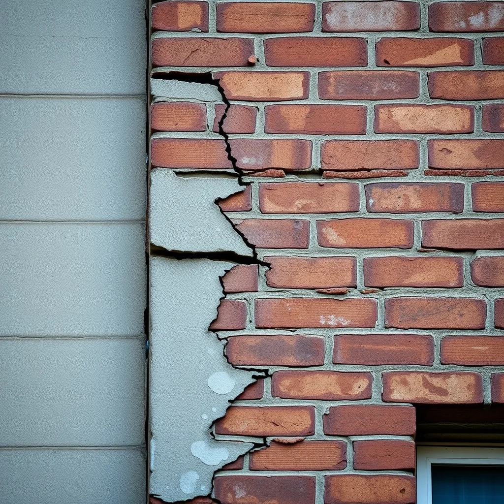 Weathered brick apartment building facade showing visible cracks and water damage in suburban Sydney.