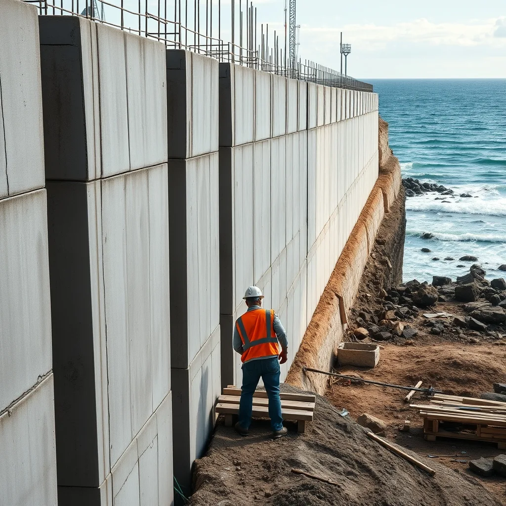 A massive concrete seawall under construction facing the ocean at a NSW Central Coast beach.