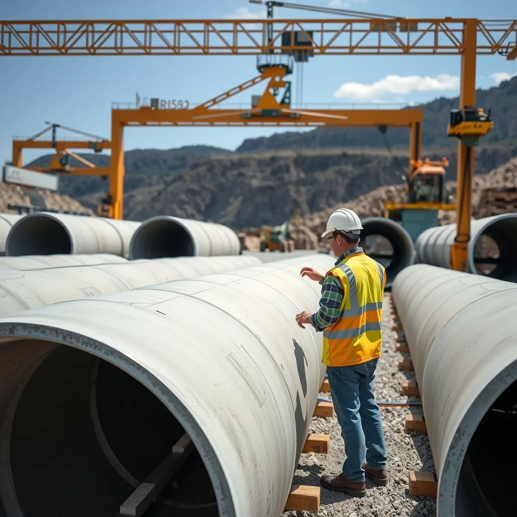 Rows of curved precast concrete tunnel lining segments stacked in an Australian casting yard