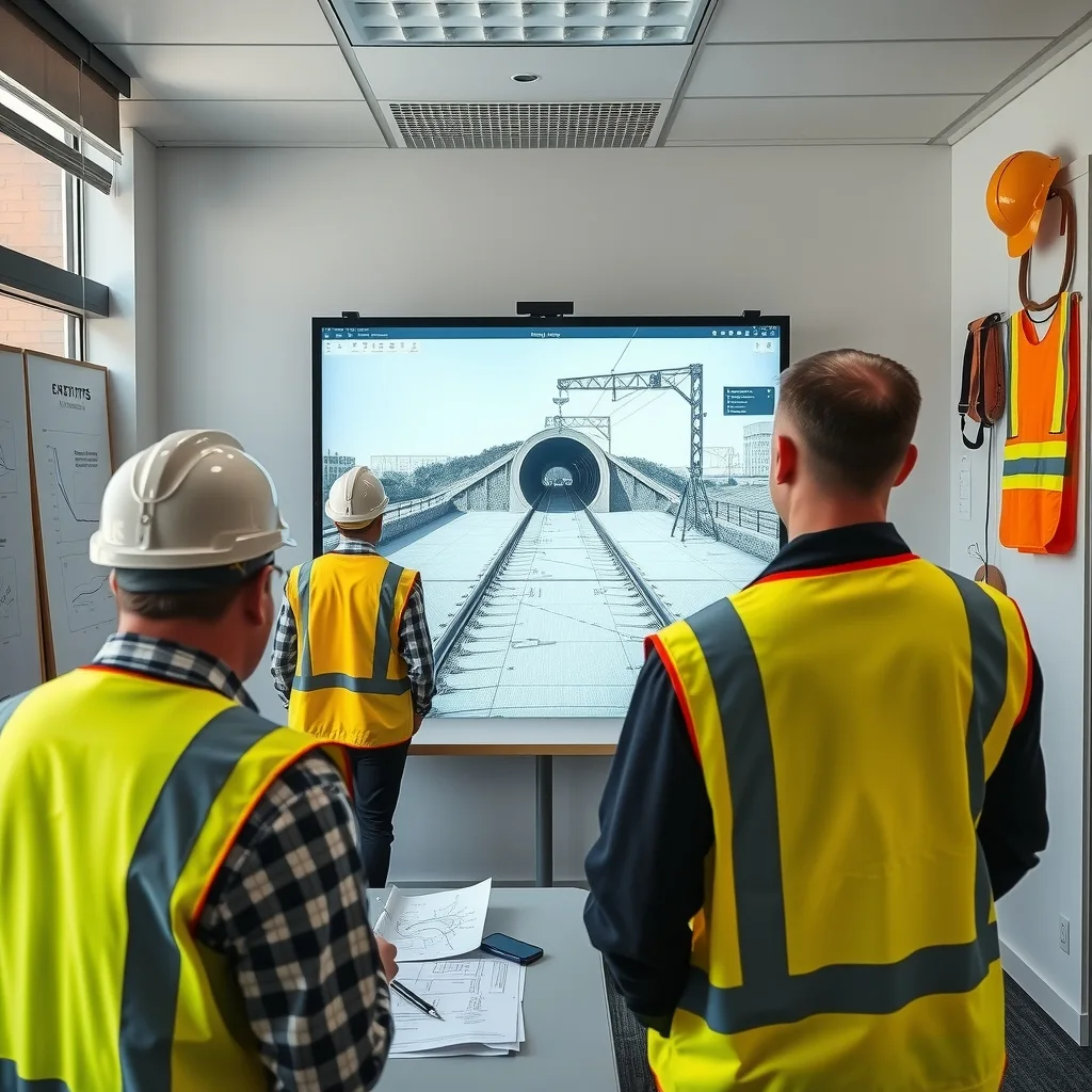 Engineers reviewing rail alignment drawings and a 3D tunnel model in a design office