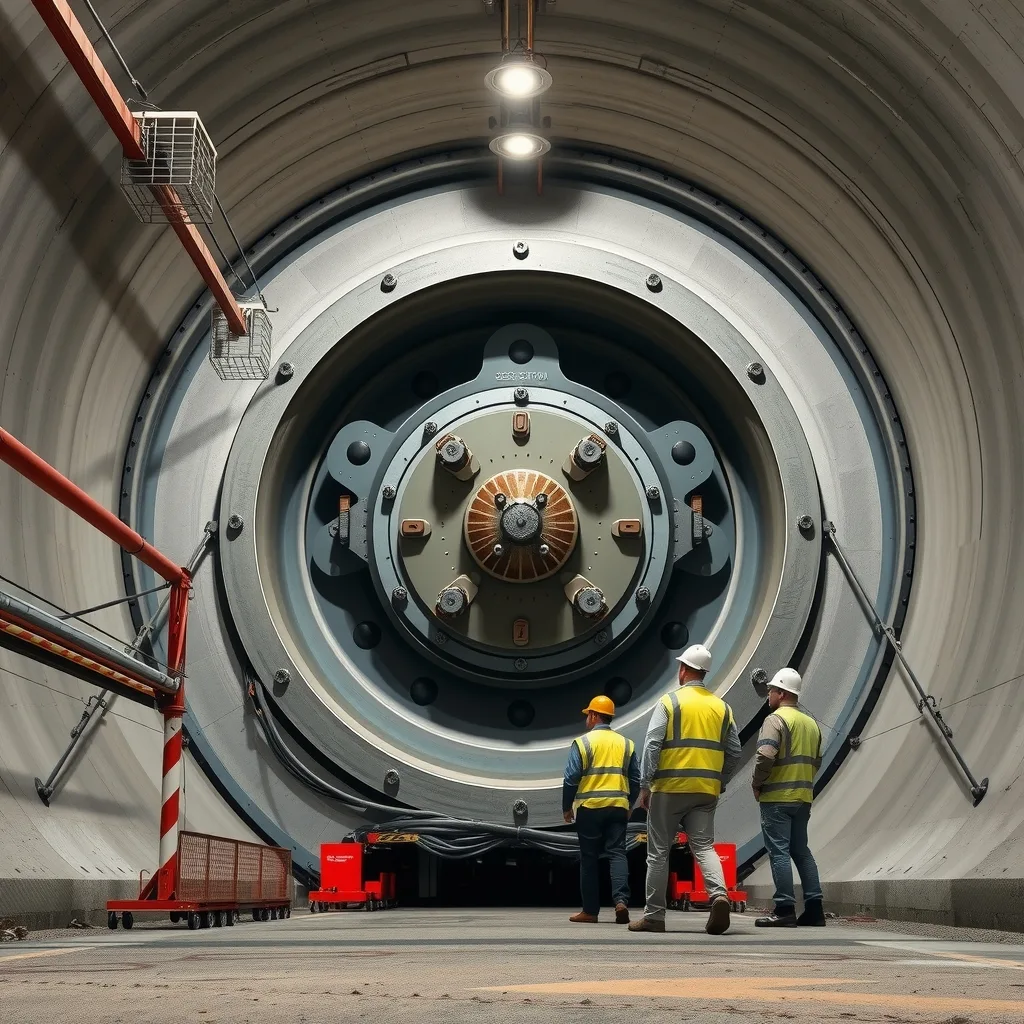 Tunnel boring machine cutterhead inside a concrete-lined rail tunnel with workers in high-vis