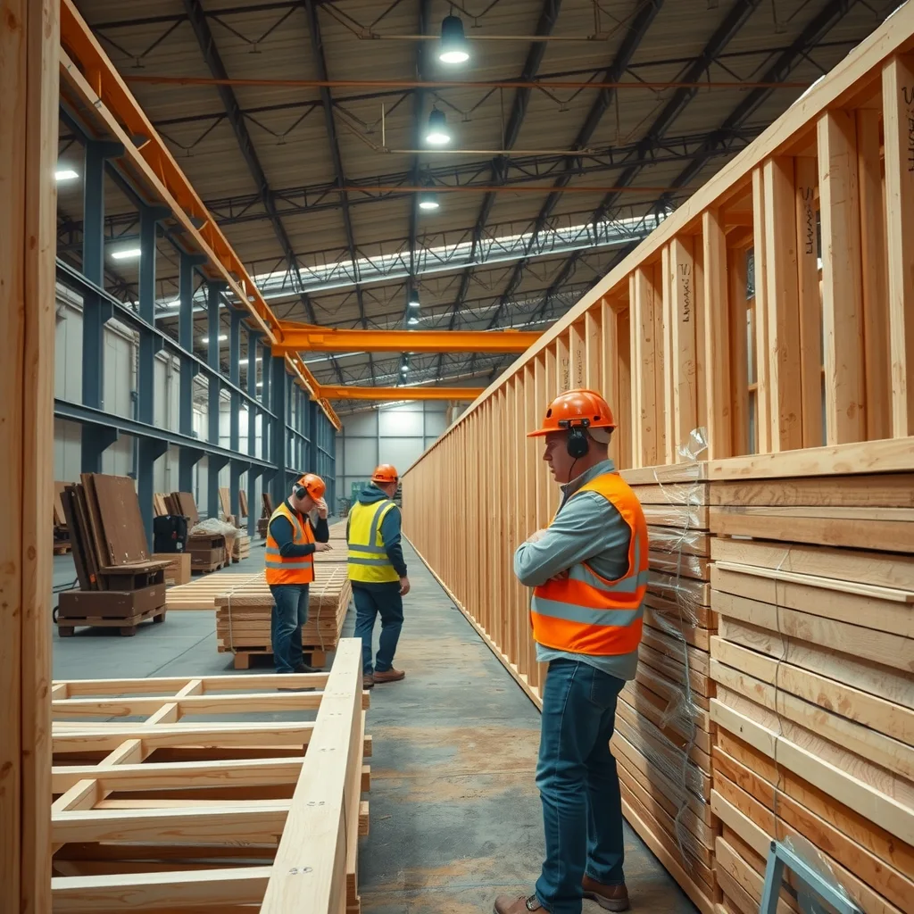 Workers assembling timber wall frames on a production line inside a prefabrication factory