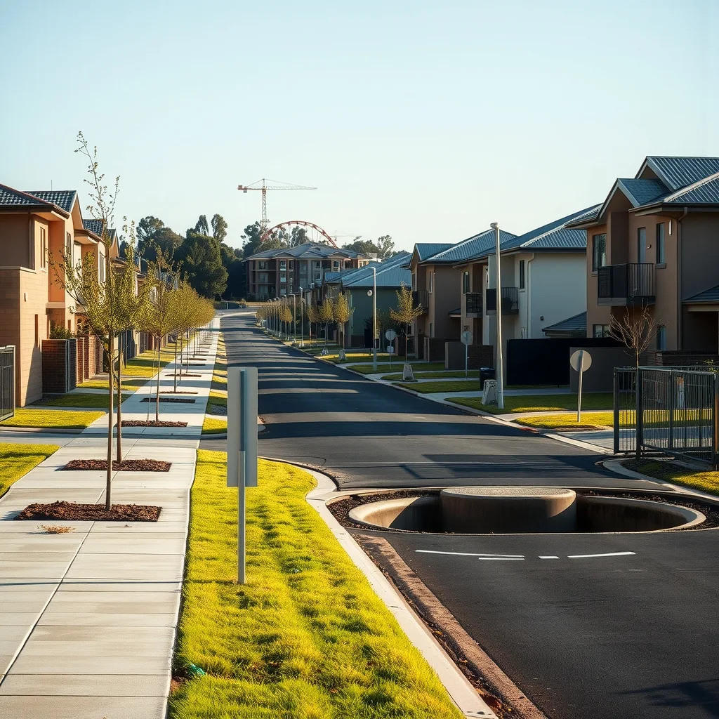 New housing estate street with young saplings and no established parks or shade