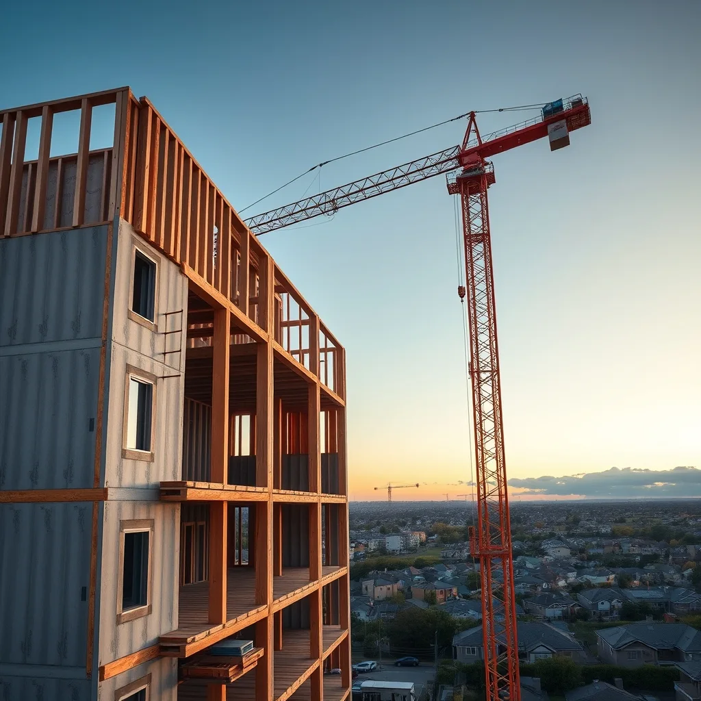 Tower crane over a part-built mid-rise apartment block on the edge of a western Sydney suburb