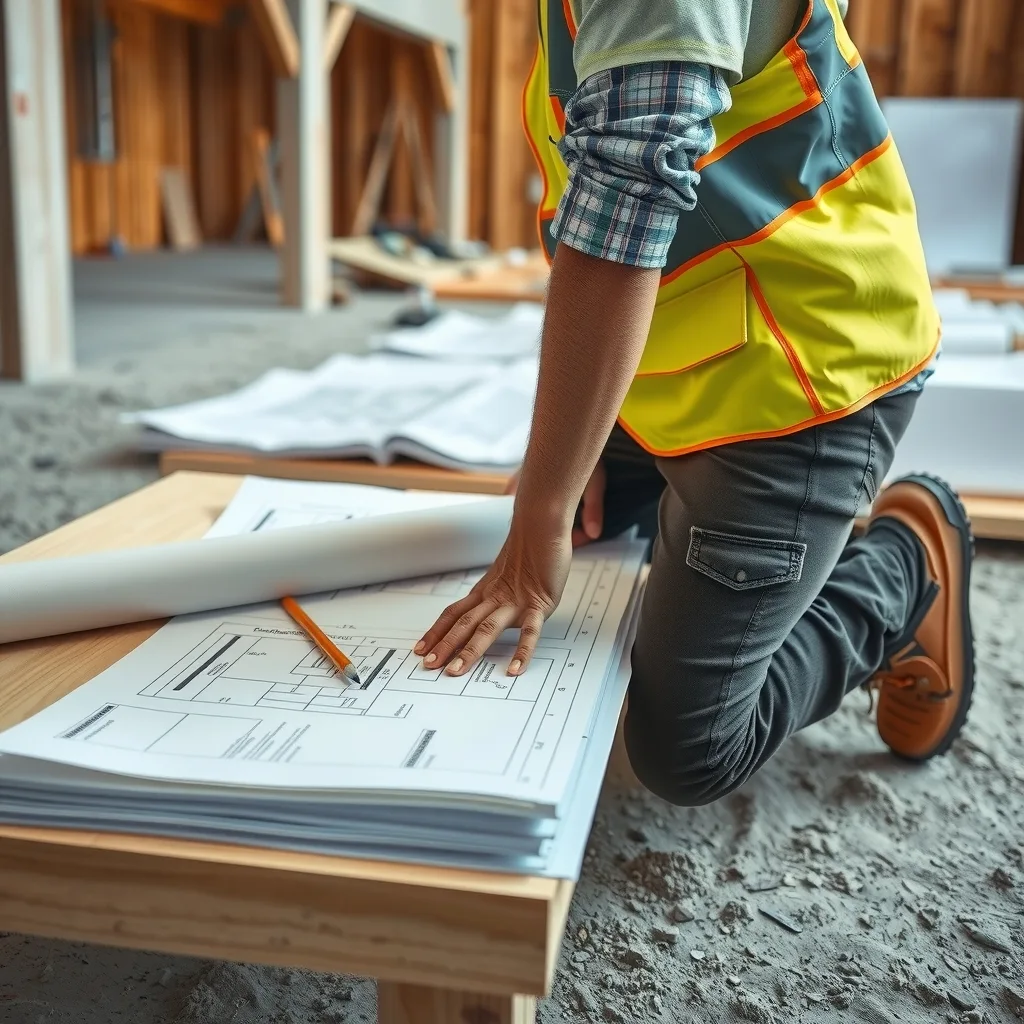 A carpenter checking construction drawings on a plywood bench at a building site
