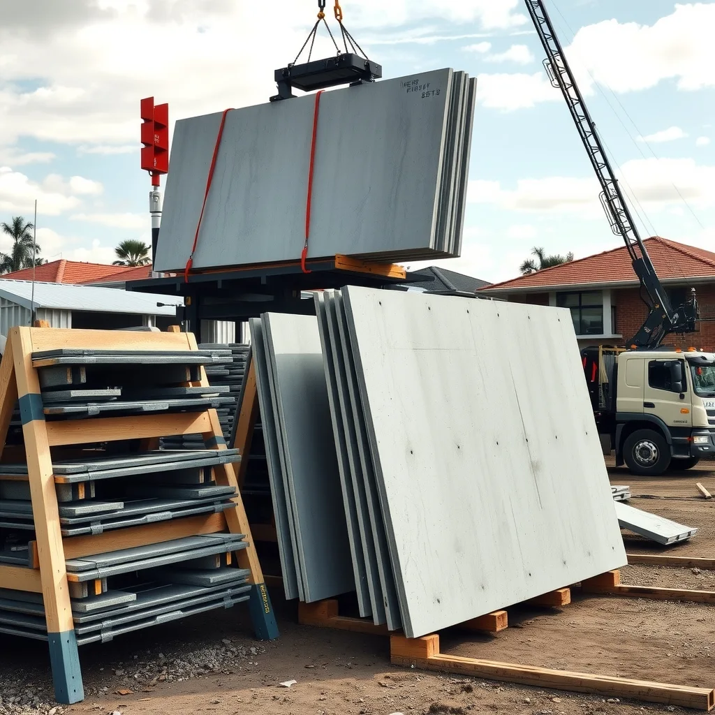 Precast concrete panels stacked in a yard ready for lifting at an Australian construction site