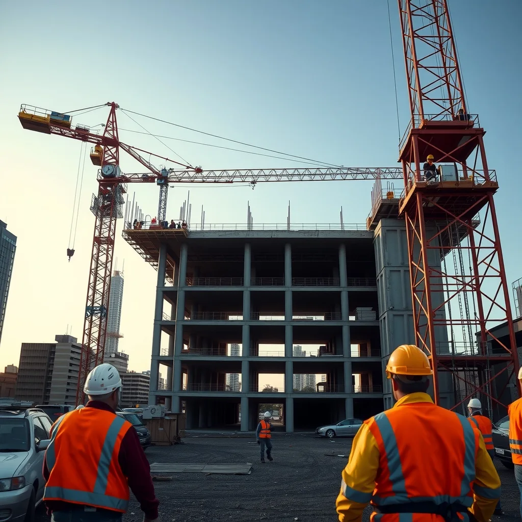 Tower cranes over a large concrete infrastructure construction site in an Australian city at dusk