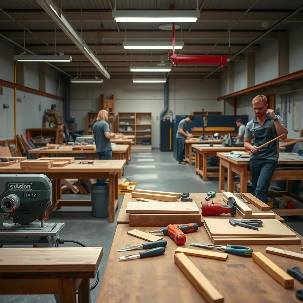 Students in safety glasses working at benches in a school trade training workshop