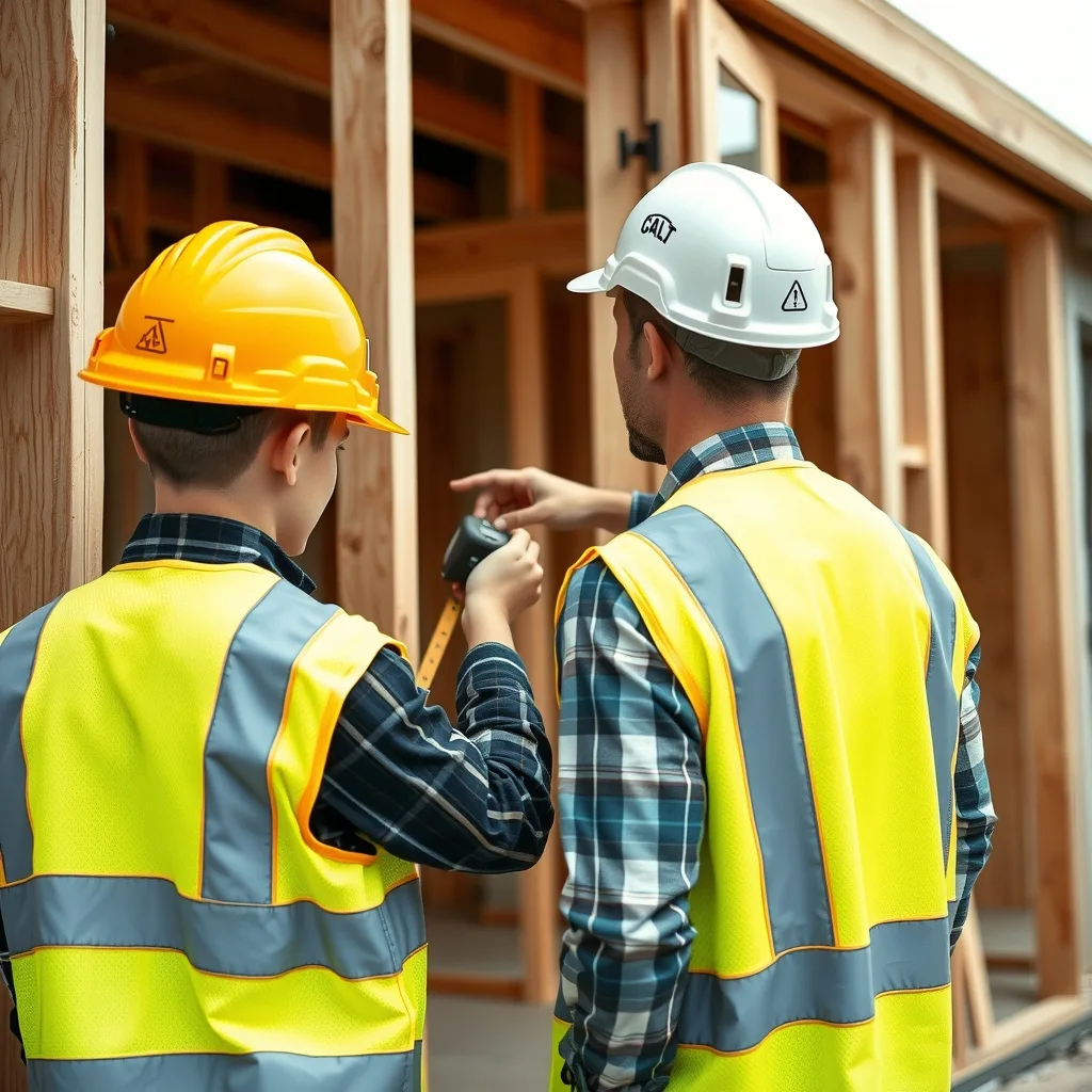 A young apprentice measuring timber wall framing while a carpenter points at the mark on a suburban house site