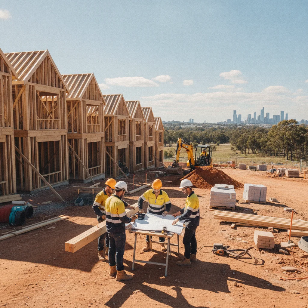 Construction workers in hi-vis and hard hats on an active residential building site in regional Australia.
