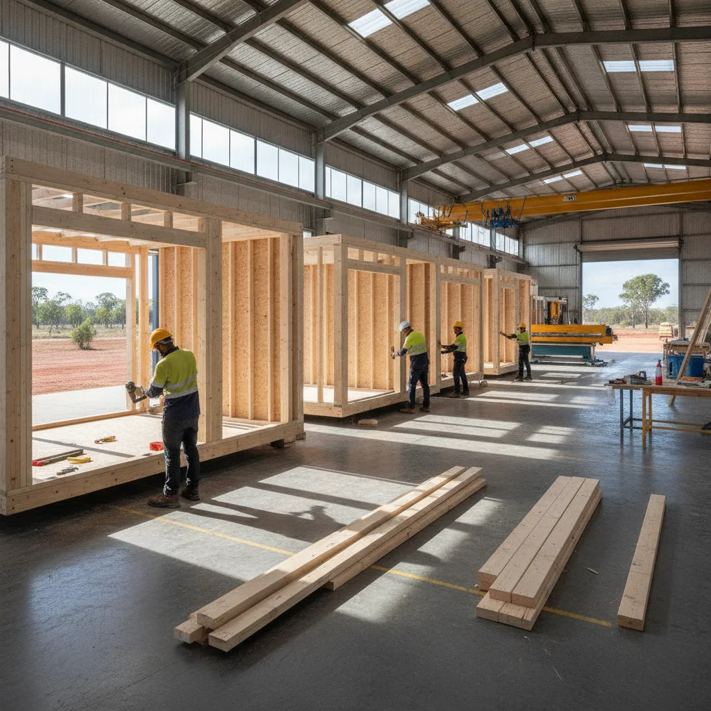 A modular home section being assembled in a modern manufacturing facility with construction workers in hi-vis.