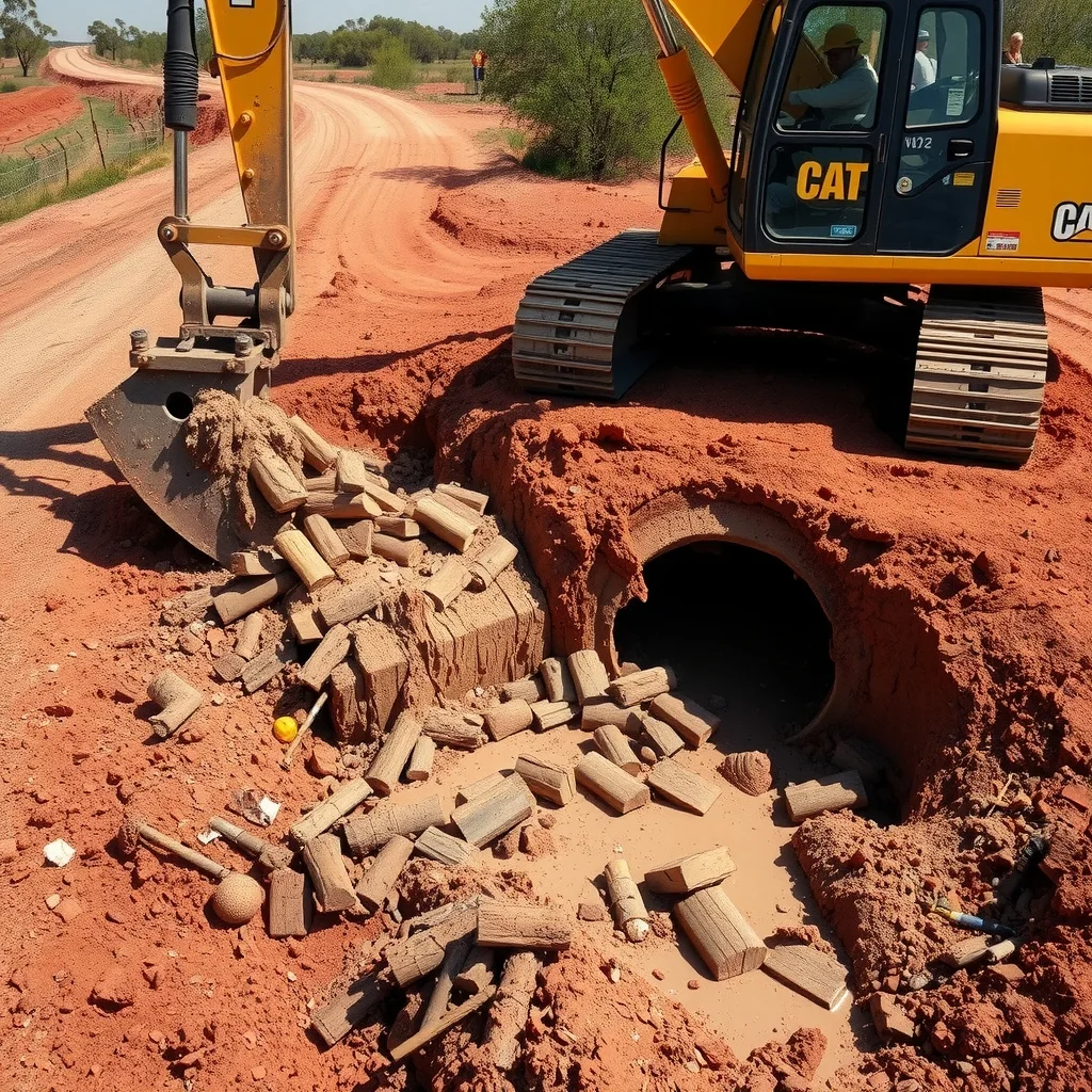 An excavator clearing silt from a culvert beside a flood-damaged outback dirt road