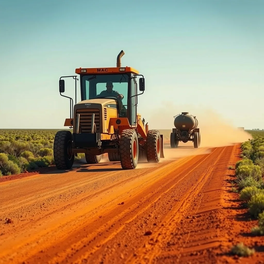 A grader spreading gravel on a remote red-dirt highway in outback Australia with a water cart following