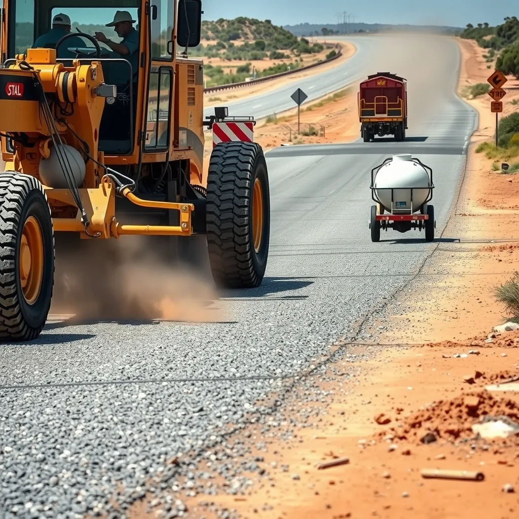 Grader shaping gravel pavement on an unsealed outback road with a water cart behind it