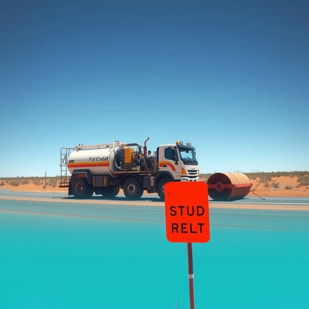 Bitumen sprayer truck and roller sealing a remote outback road through red dirt country