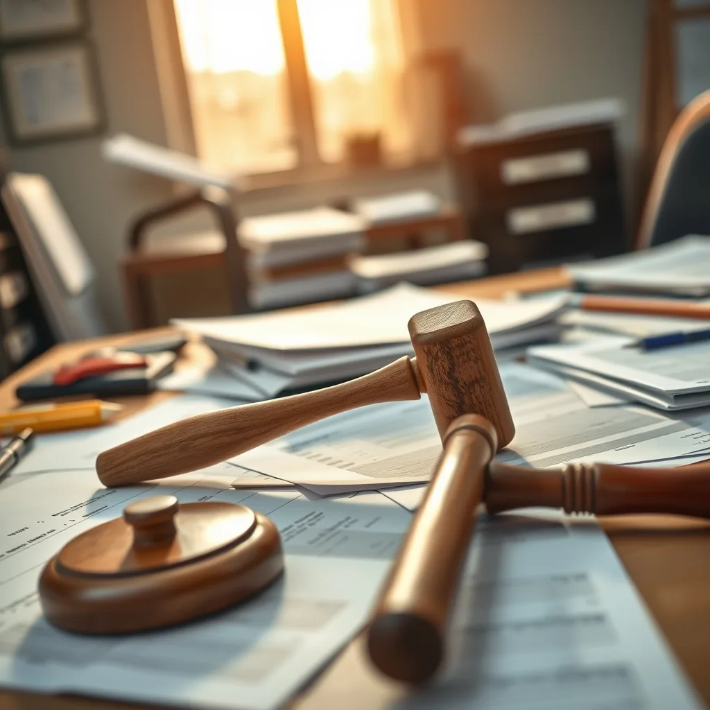 Business documents and a wooden gavel on a desk under warm office lighting.