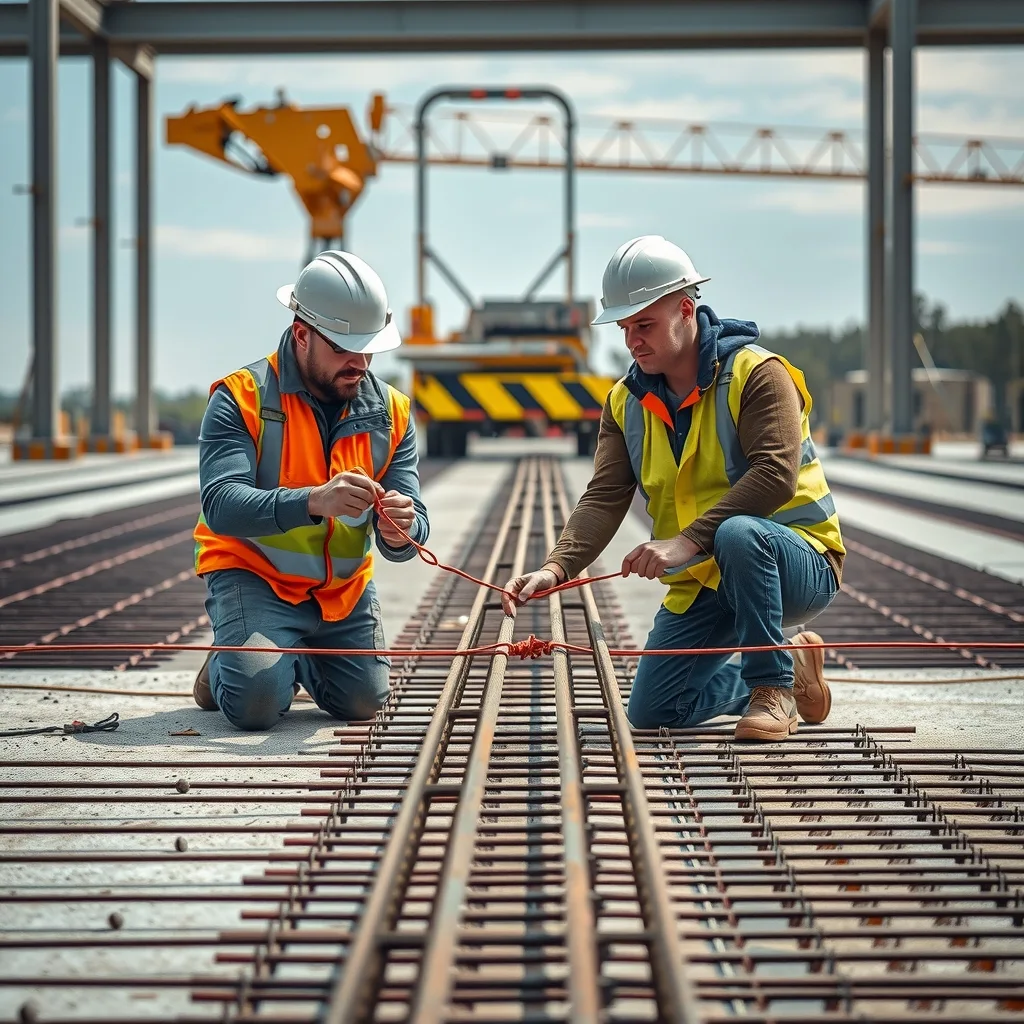 Steel fixers tying reinforcement on a large industrial slab