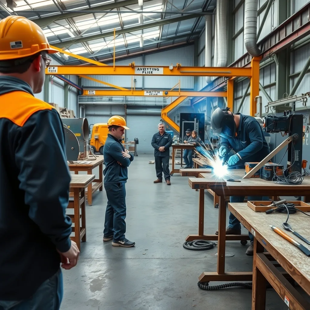Apprentices working in a trade training workshop with welding bays
