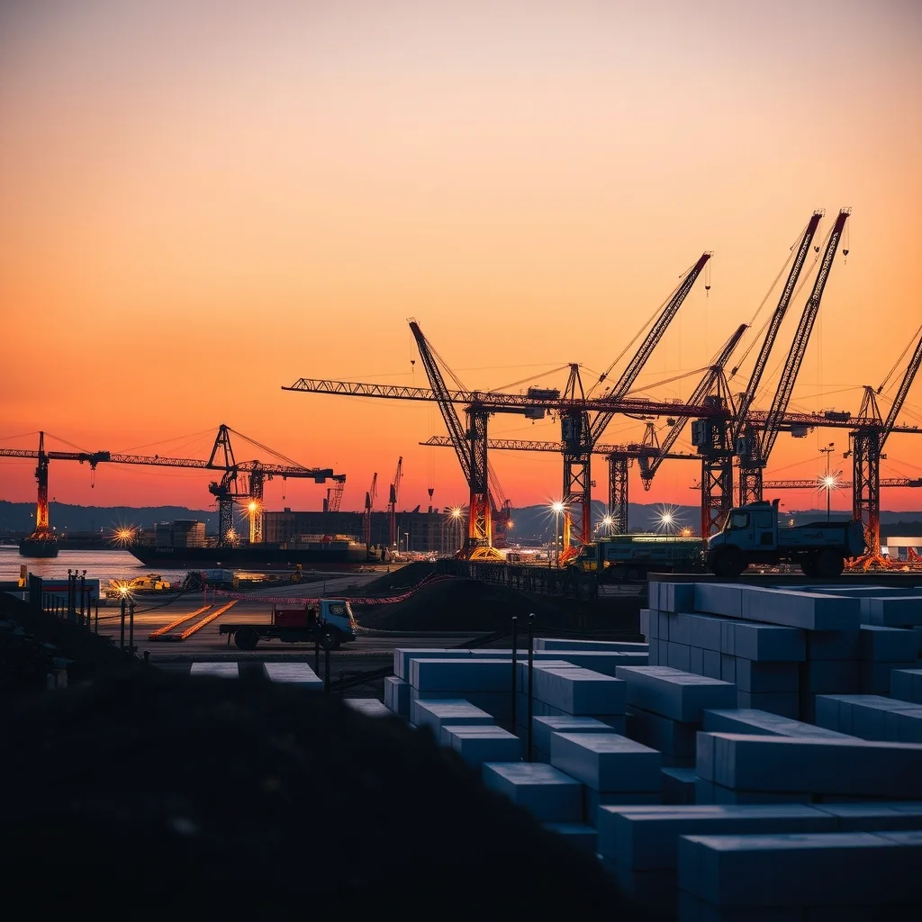 Tower cranes over a waterfront construction site at dusk