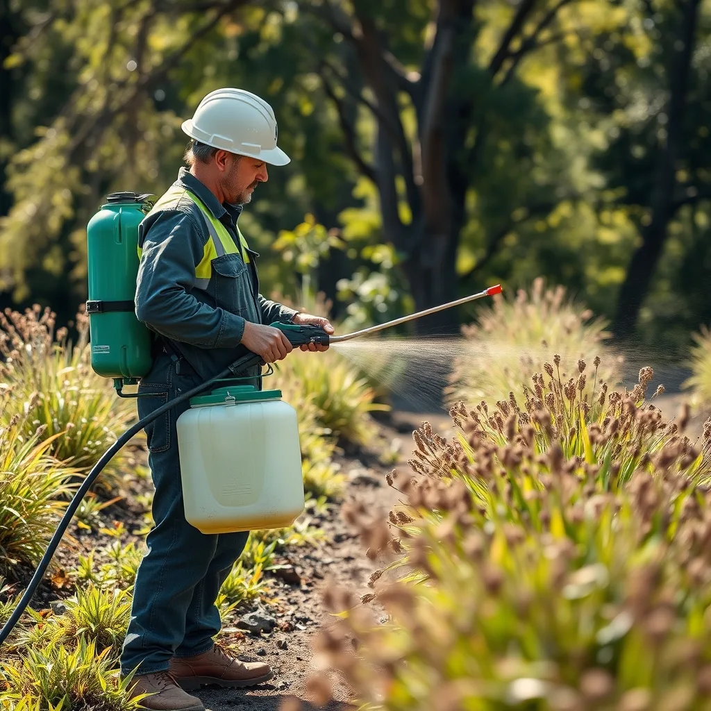 A landscaper in hi-vis applies herbicide with a backpack sprayer on an Australian property.