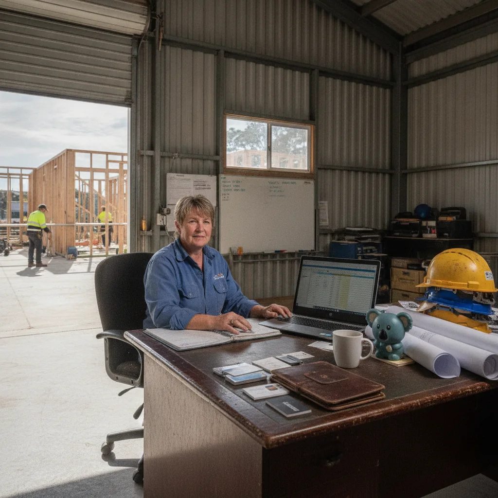 A trade business owner reviews payroll and superannuation documents at a desk with a calculator and laptop.