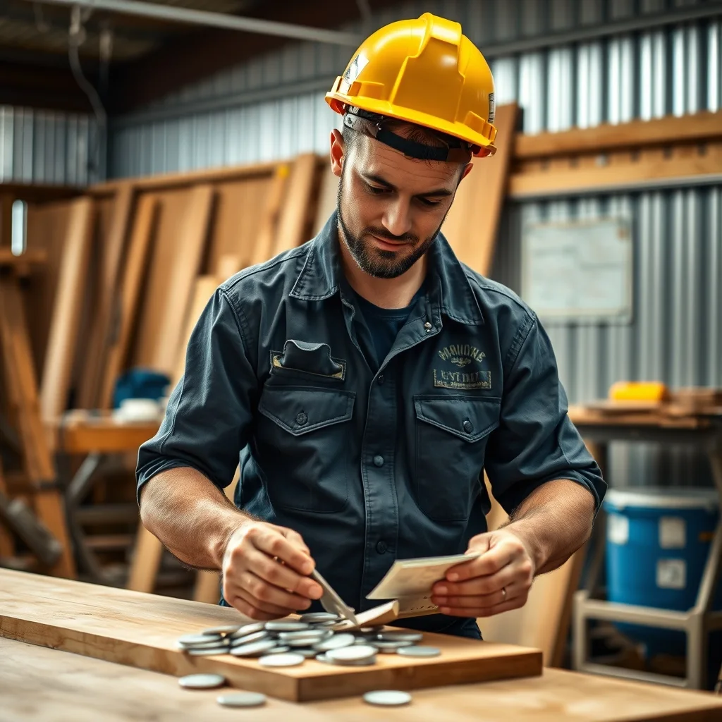An Australian tradesperson reviews financial documents and invoices at their worksite desk.