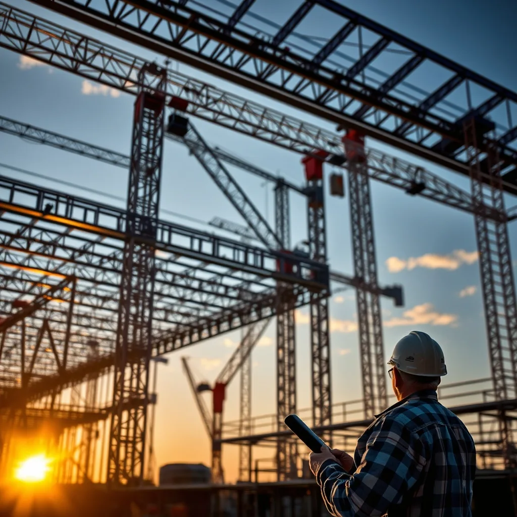 An airport terminal under construction with steel framework, glass panels, and construction cranes against a dawn sky.