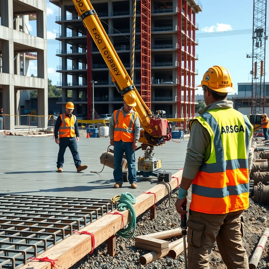 Construction workers in high-vis screeding a large concrete slab on a commercial site
