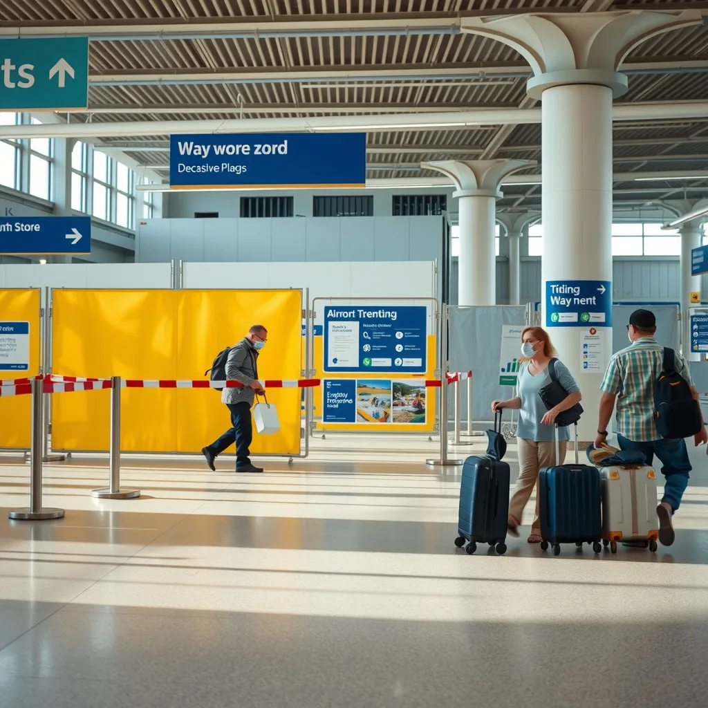 Travellers with luggage walking past temporary construction hoarding inside an airport terminal