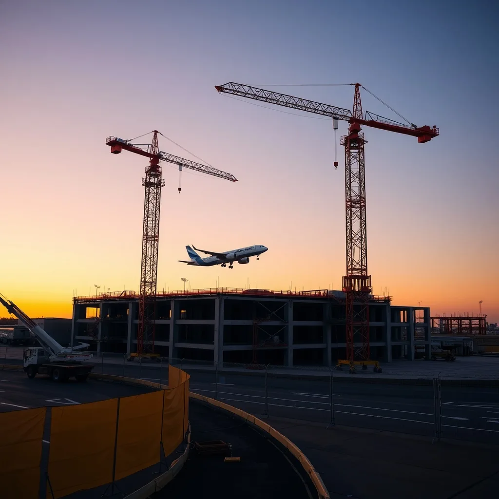 Tower cranes over a part-built airport terminal at dusk with an aircraft taxiing behind the site fence