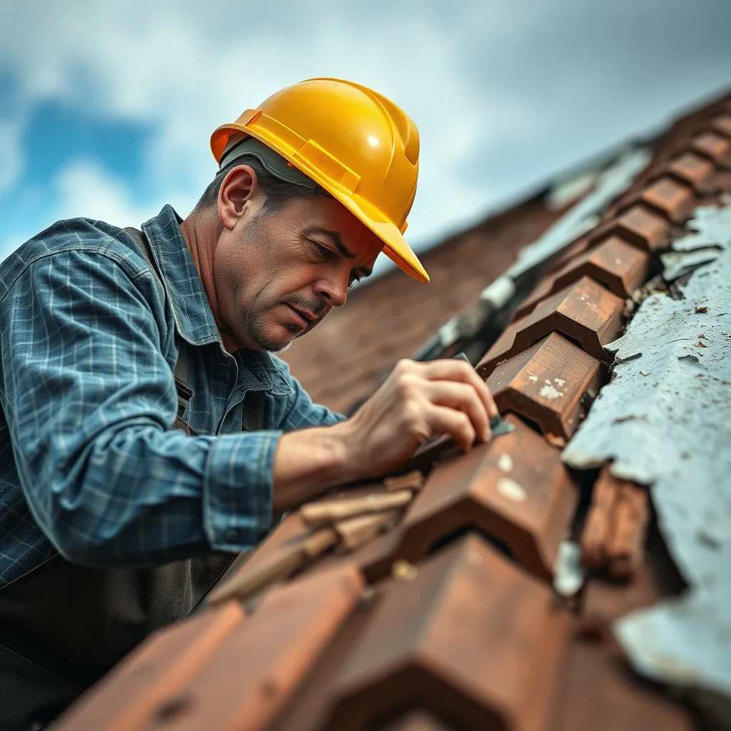 A roofer in hi-vis assesses storm damage to residential roof tiles and timber framing.